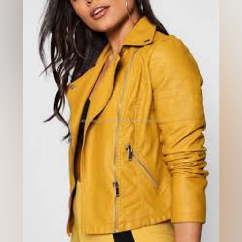 Luxury Moto Jacket Saffron Yellow Gold Vegan Faux Leather Size Large